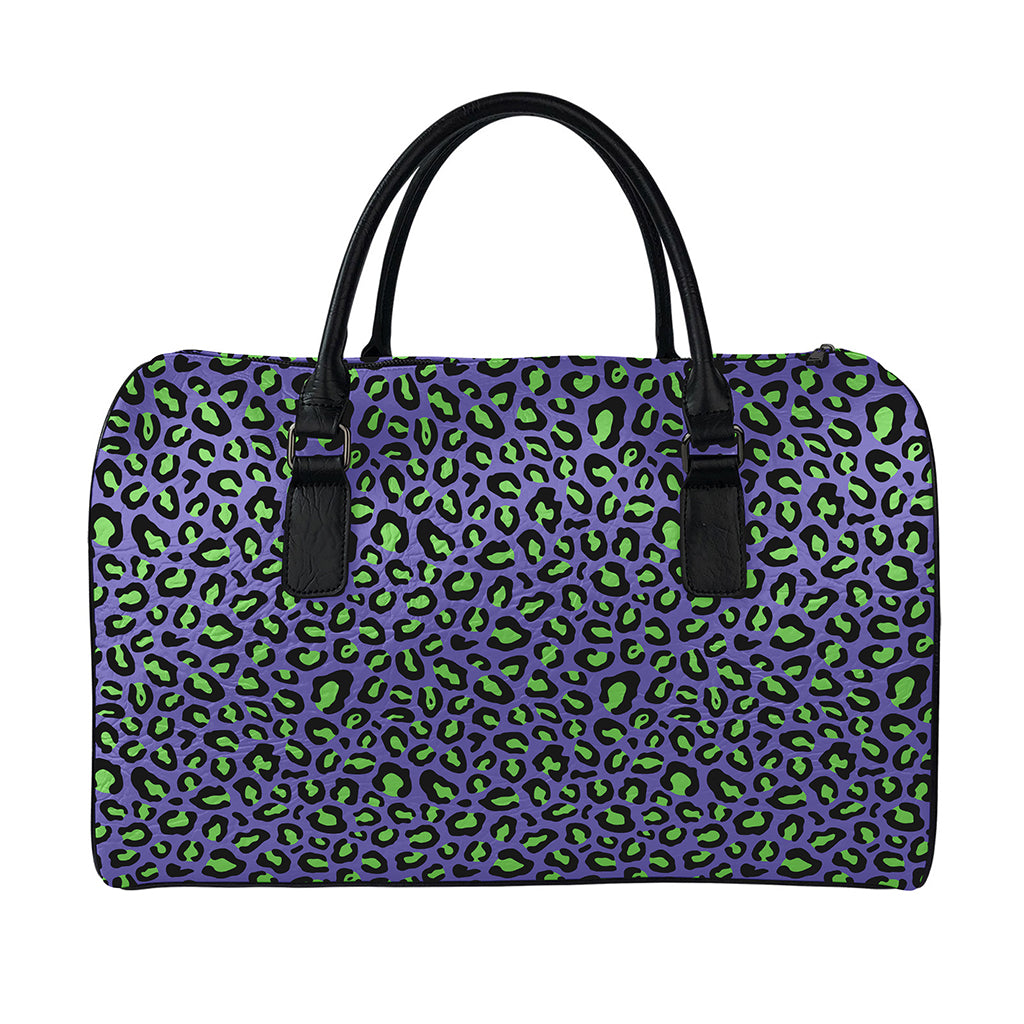 Purple And Green Leopard Pattern Print Leather Duffle Bag