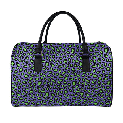 Purple And Green Leopard Pattern Print Leather Duffle Bag