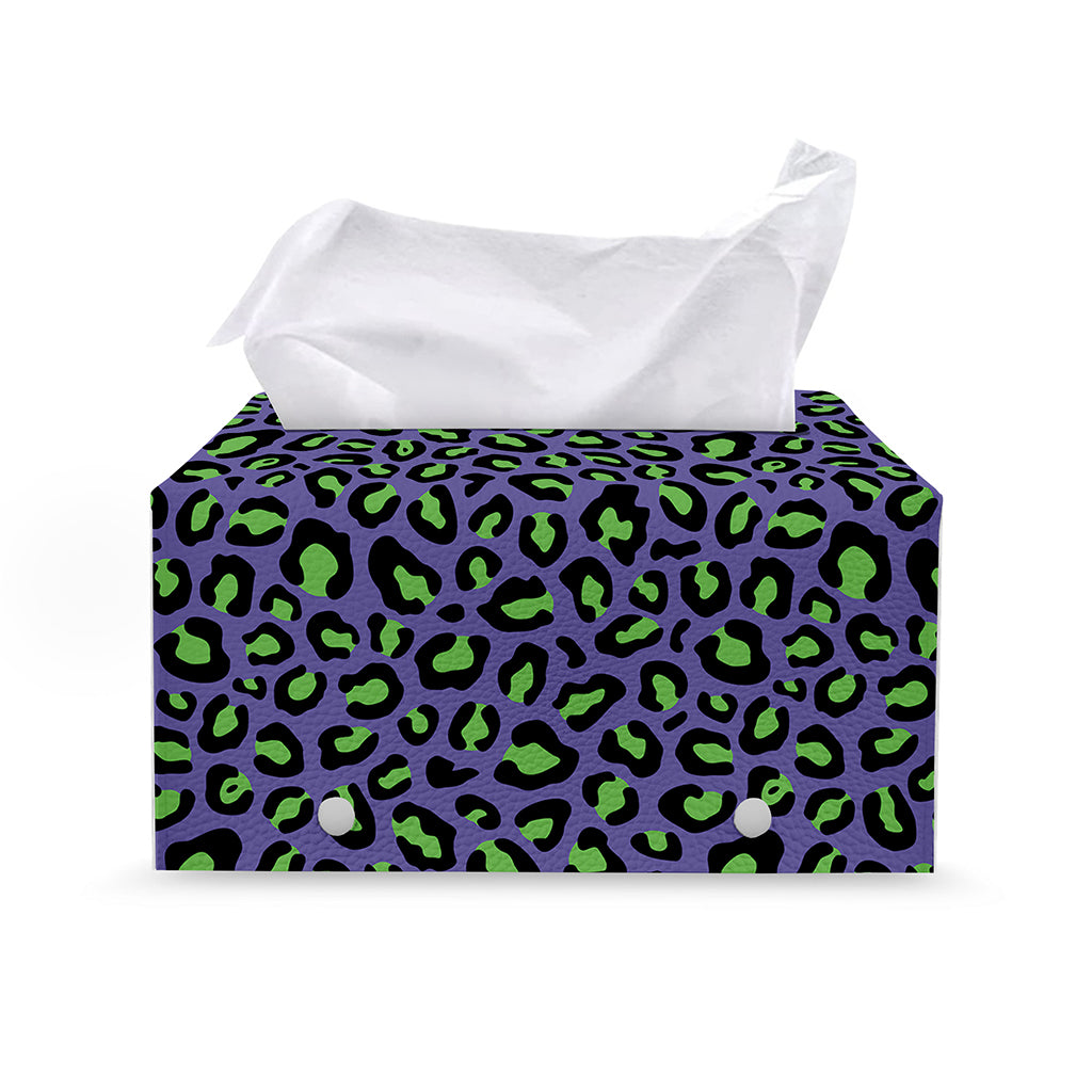 Purple And Green Leopard Pattern Print Leather Tissue Box Cover