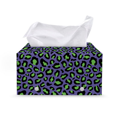 Purple And Green Leopard Pattern Print Leather Tissue Box Cover