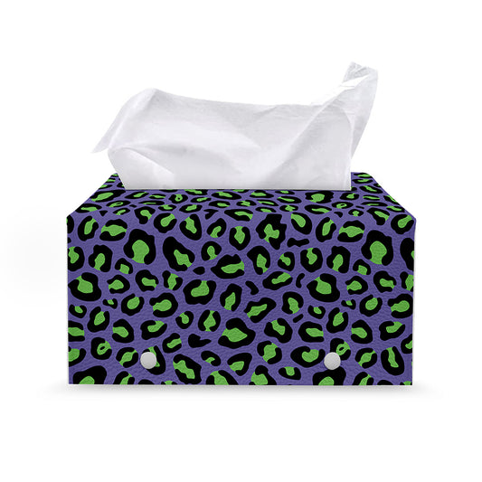 Purple And Green Leopard Pattern Print Leather Tissue Box Cover