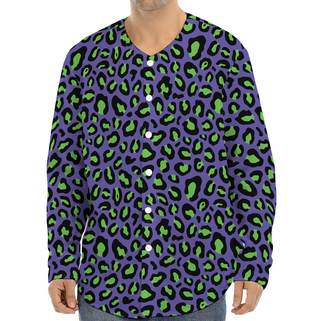 Purple And Green Leopard Pattern Print Long Sleeve Baseball Jersey
