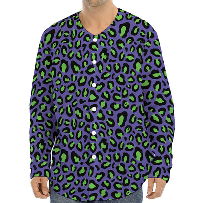 Purple And Green Leopard Pattern Print Long Sleeve Baseball Jersey