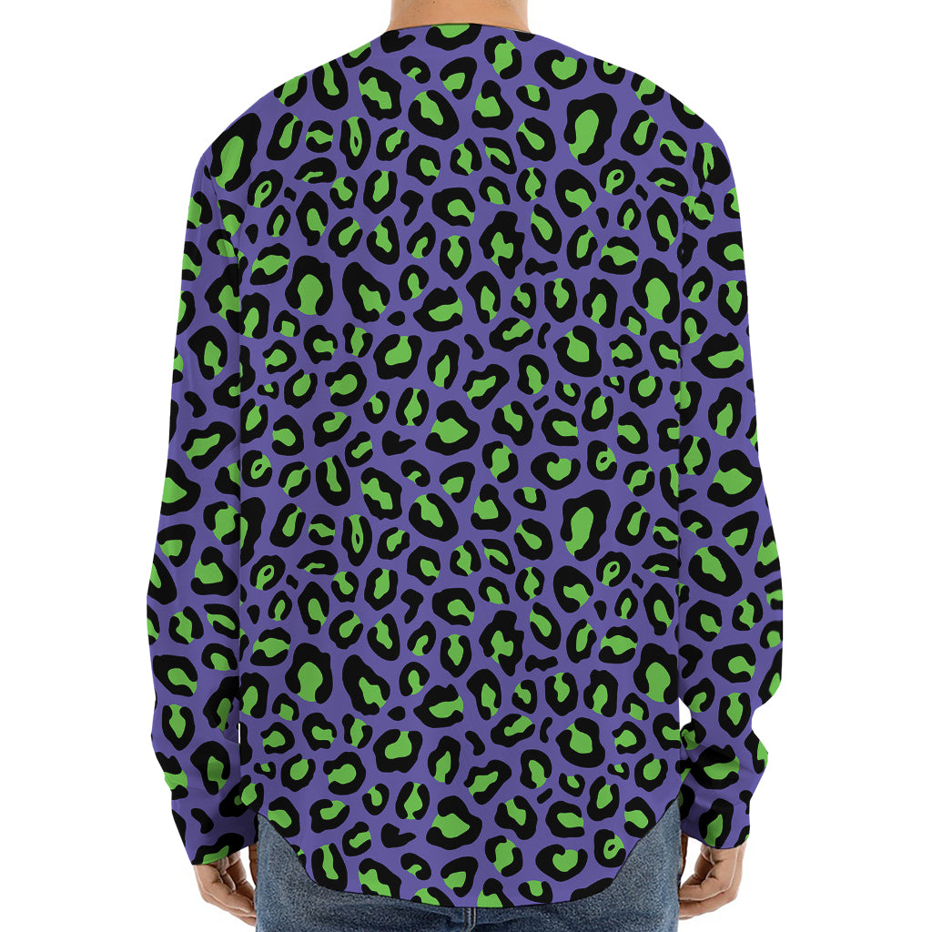 Purple And Green Leopard Pattern Print Long Sleeve Baseball Jersey