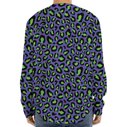 Purple And Green Leopard Pattern Print Long Sleeve Baseball Jersey