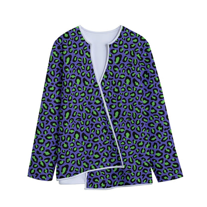 Purple And Green Leopard Pattern Print Long Sleeve Short Coat