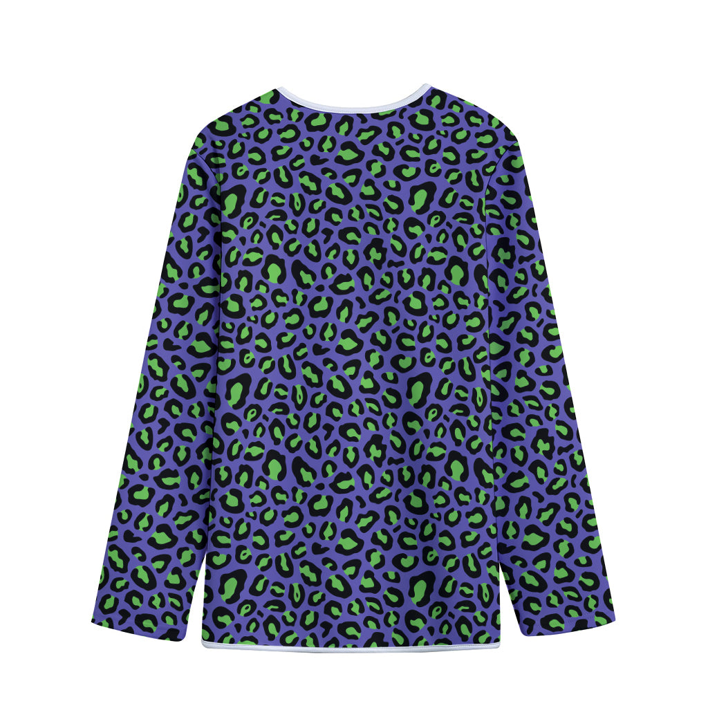 Purple And Green Leopard Pattern Print Long Sleeve Short Coat