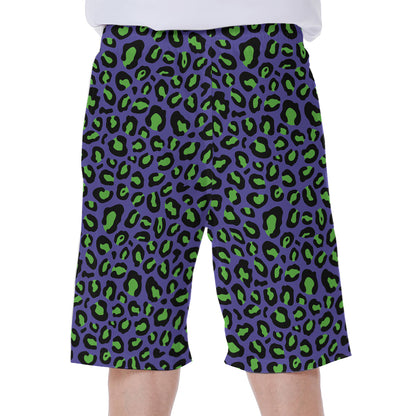 Purple And Green Leopard Pattern Print Men's Beach Shorts