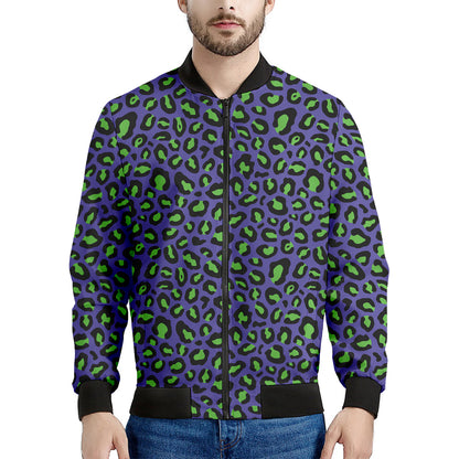 Purple And Green Leopard Pattern Print Men's Bomber Jacket