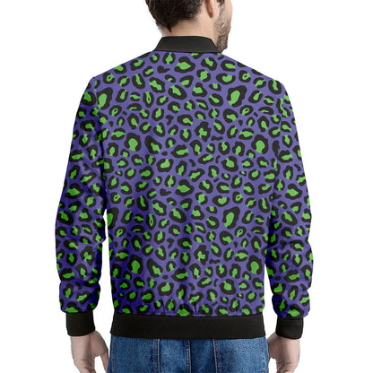 Purple And Green Leopard Pattern Print Men's Bomber Jacket