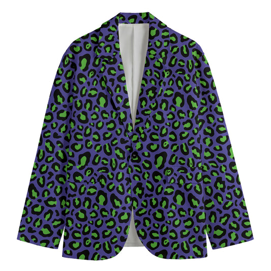 Purple And Green Leopard Pattern Print Men's Cotton Blazer