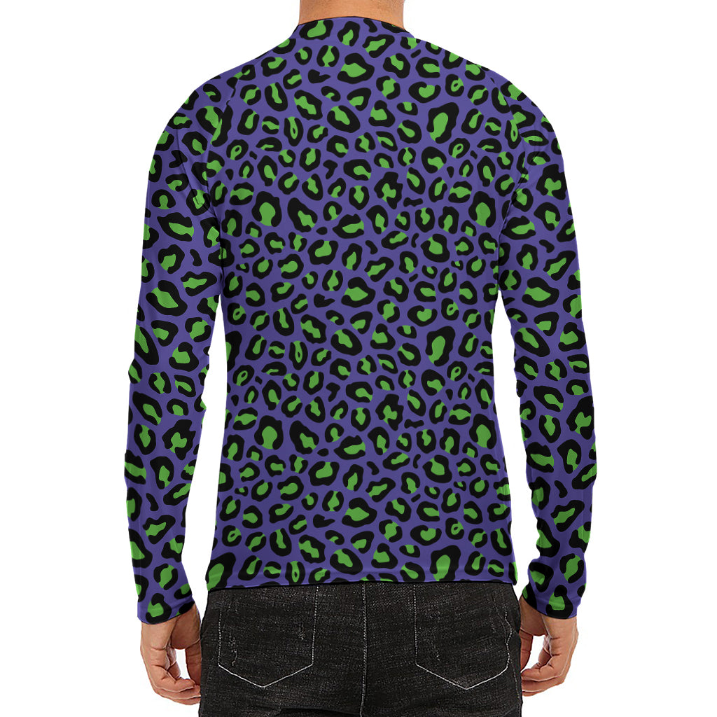 Purple And Green Leopard Pattern Print Men's Long Sleeve Rash Guard