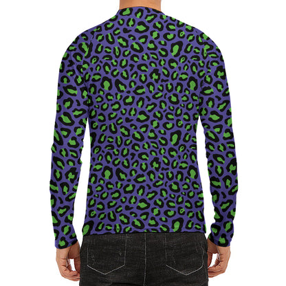 Purple And Green Leopard Pattern Print Men's Long Sleeve Rash Guard