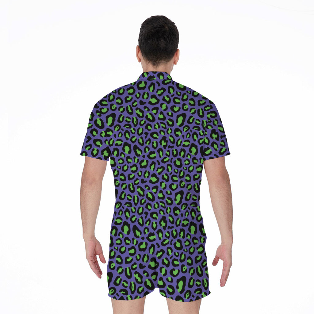 Purple And Green Leopard Pattern Print Men's Rompers