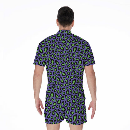 Purple And Green Leopard Pattern Print Men's Rompers
