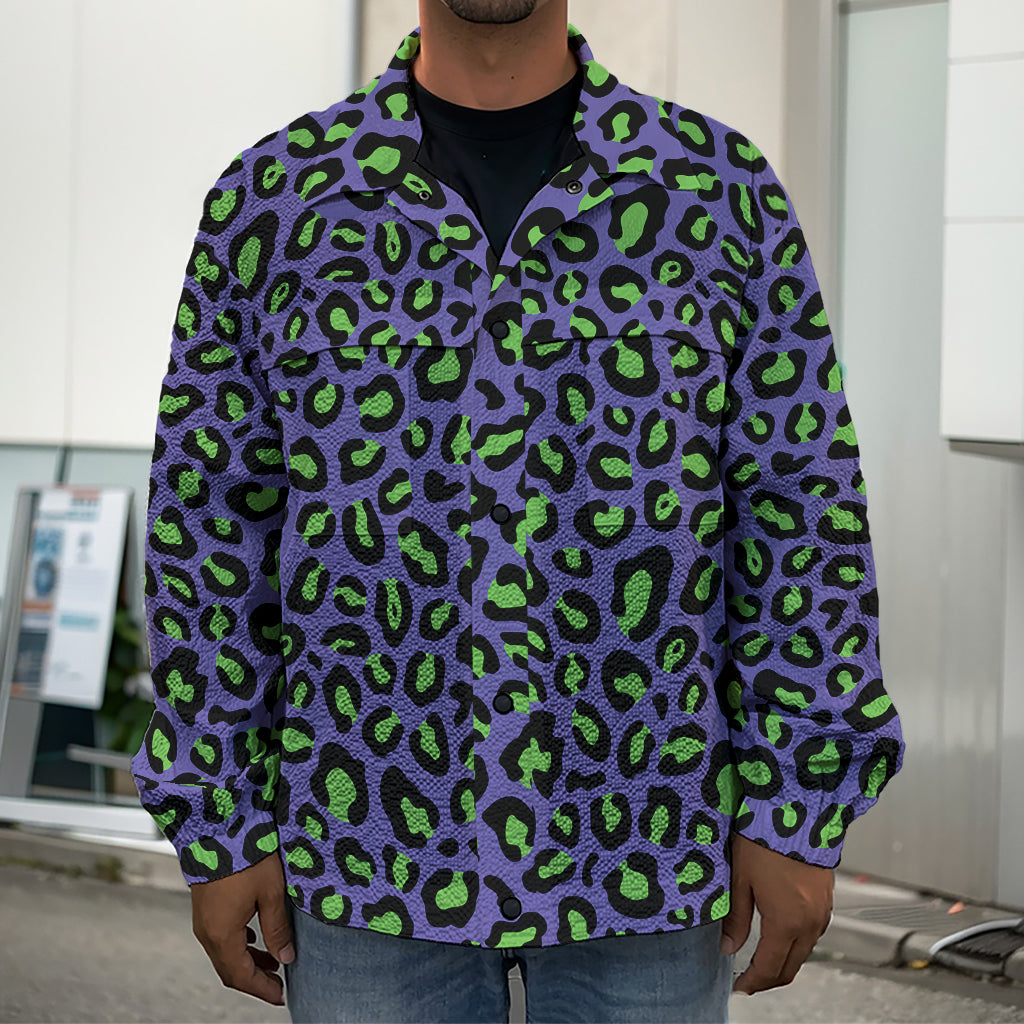 Purple And Green Leopard Pattern Print Men's Shirt Jacket