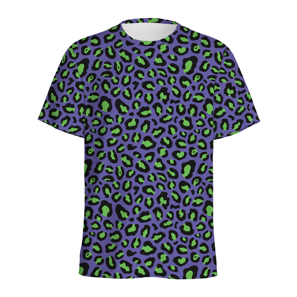 Purple And Green Leopard Pattern Print Men's Sports T-Shirt