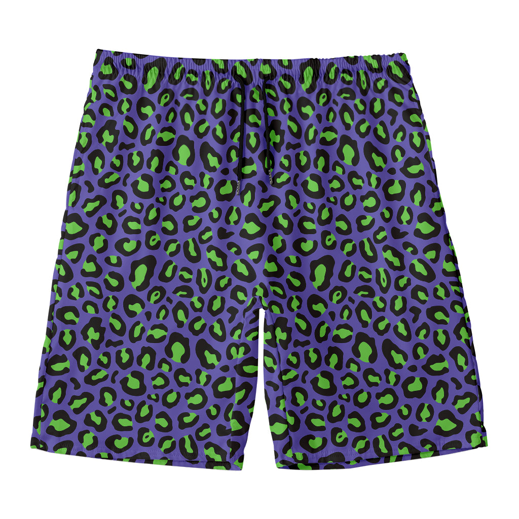 Purple And Green Leopard Pattern Print Men's Swim Trunks