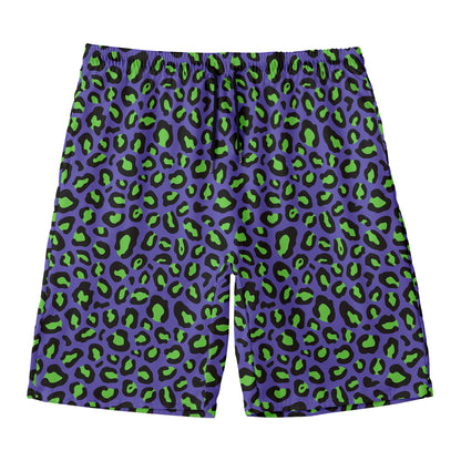 Purple And Green Leopard Pattern Print Men's Swim Trunks