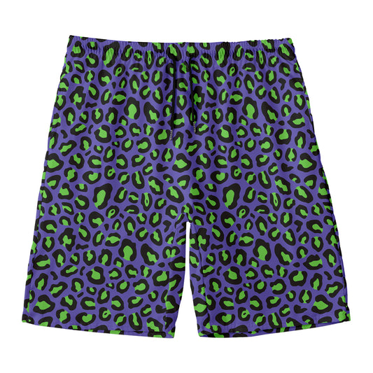 Purple And Green Leopard Pattern Print Men's Swim Trunks