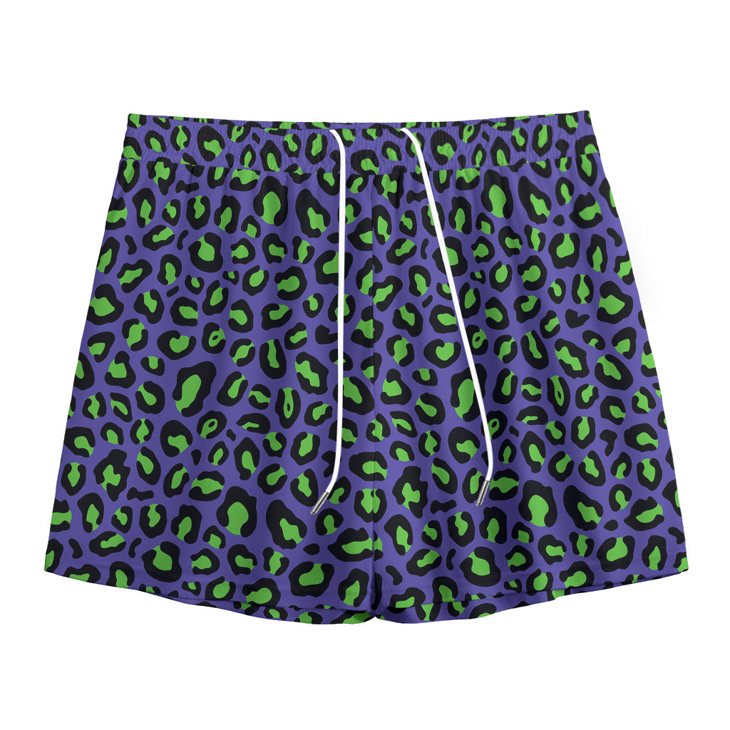 Purple And Green Leopard Pattern Print Mesh Shorts