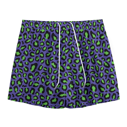Purple And Green Leopard Pattern Print Mesh Shorts