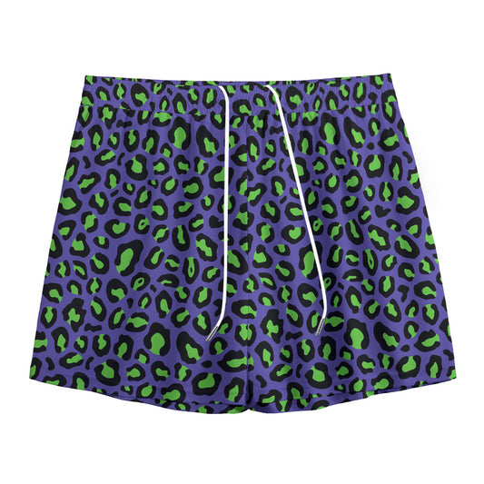 Purple And Green Leopard Pattern Print Mesh Shorts