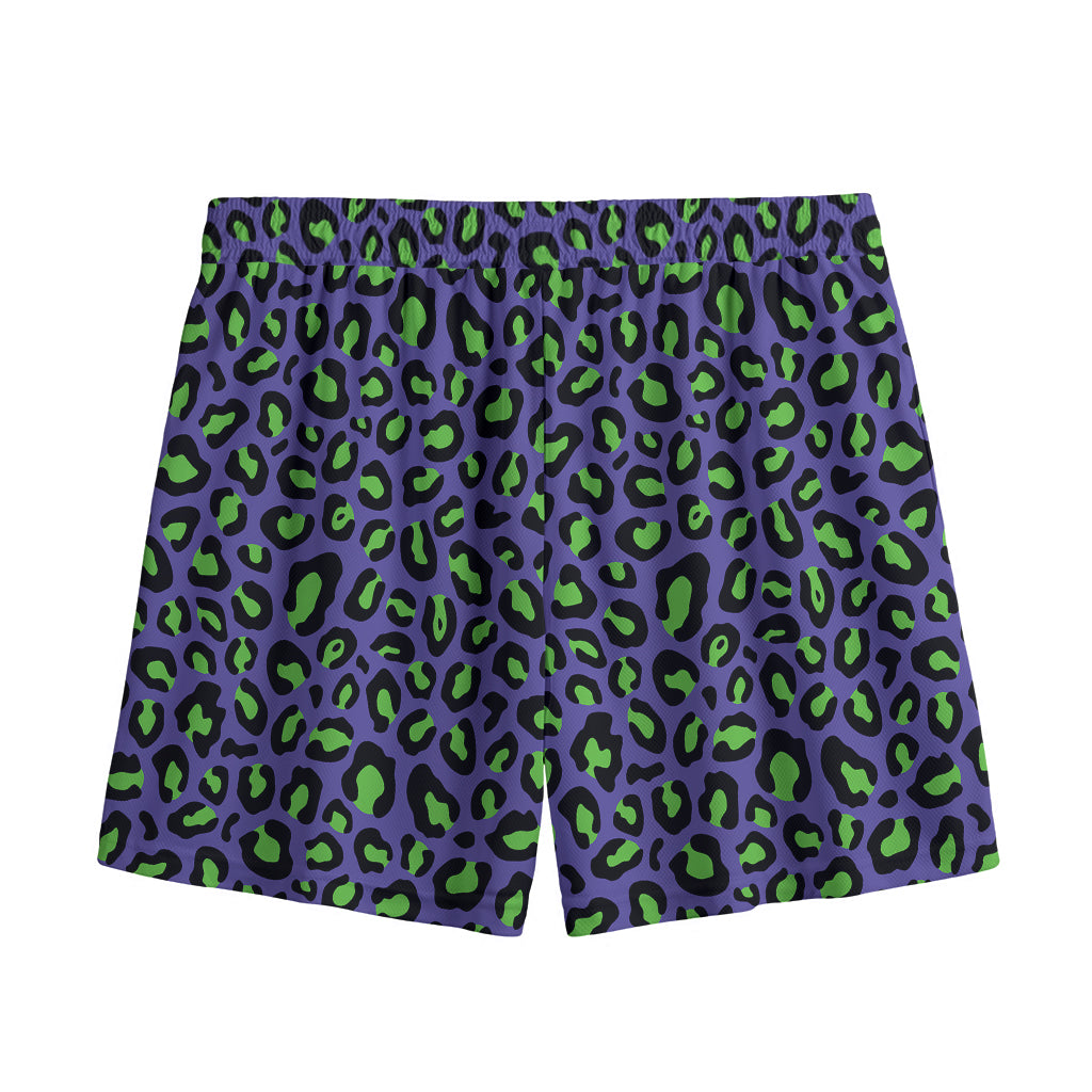 Purple And Green Leopard Pattern Print Mesh Shorts