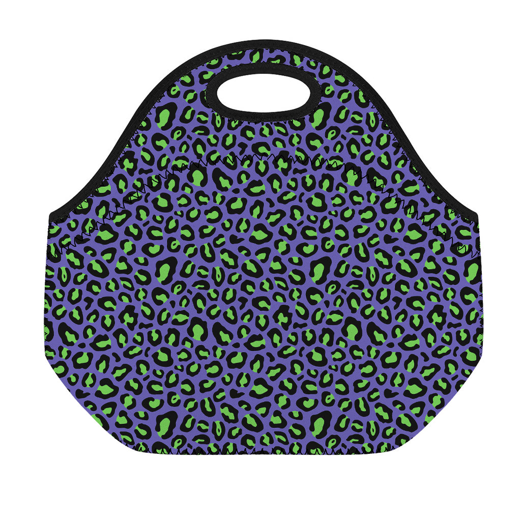 Purple And Green Leopard Pattern Print Neoprene Lunch Bag