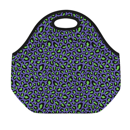 Purple And Green Leopard Pattern Print Neoprene Lunch Bag
