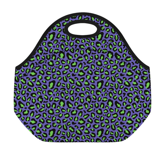 Purple And Green Leopard Pattern Print Neoprene Lunch Bag