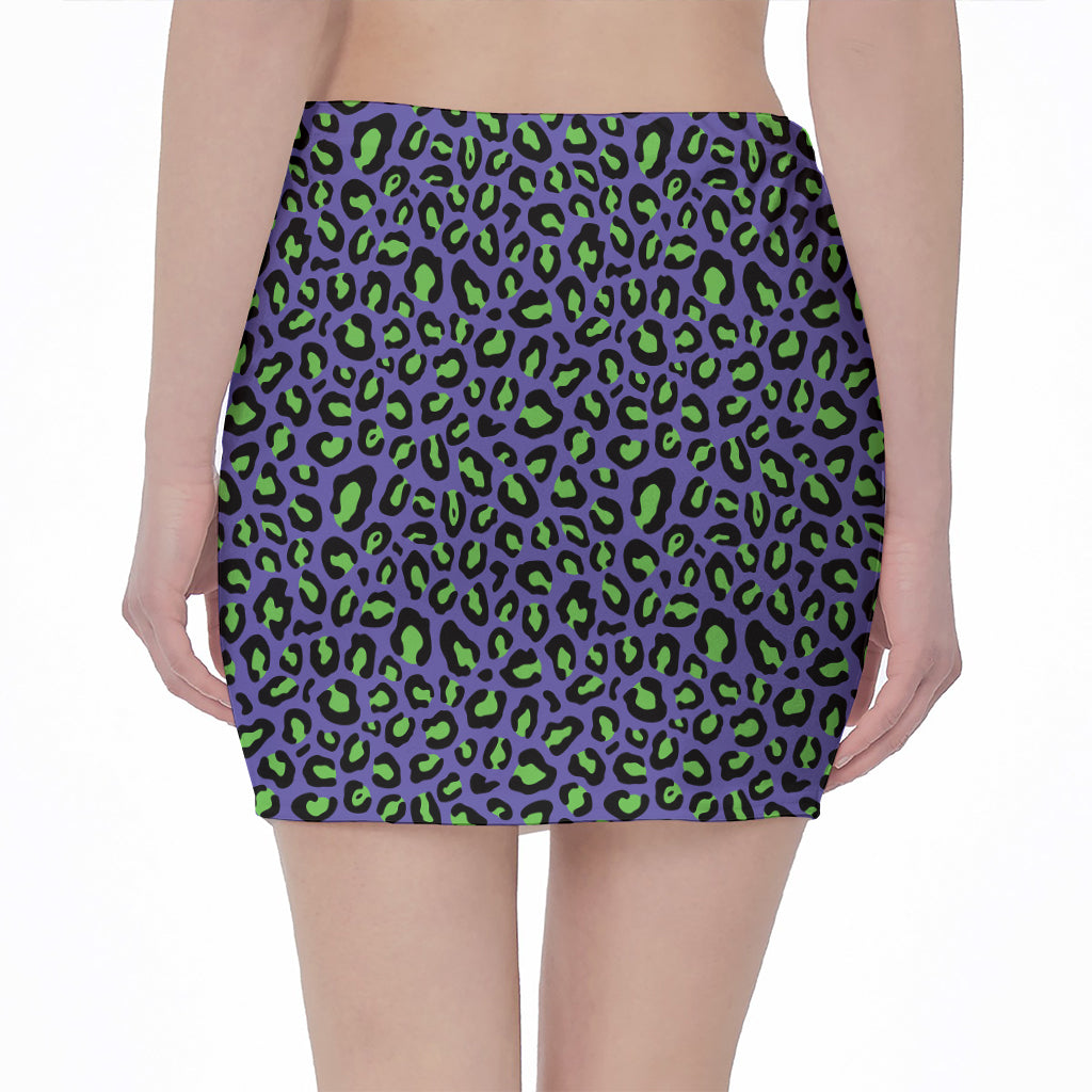 Purple And Green Leopard Pattern Print Pencil Mini Skirt