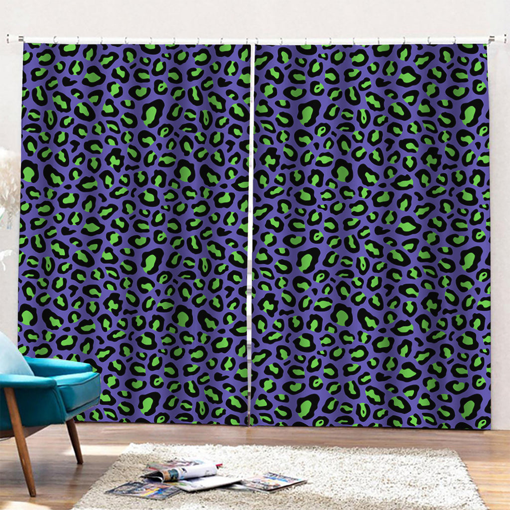 Purple And Green Leopard Pattern Print Pencil Pleat Curtains