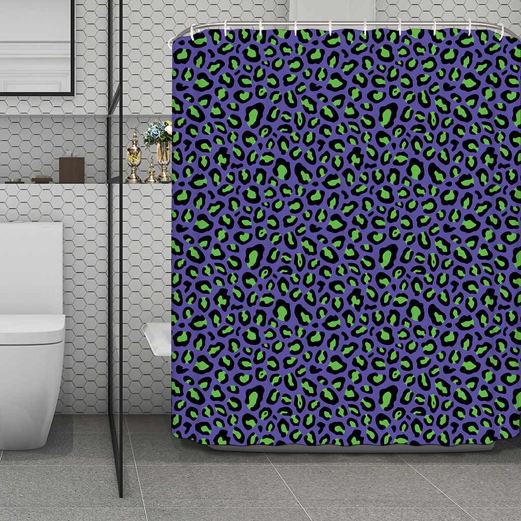 Purple And Green Leopard Pattern Print Polyester Shower Curtain