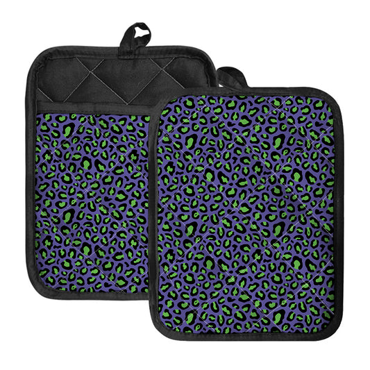 Purple And Green Leopard Pattern Print Pot Holders With Pocket