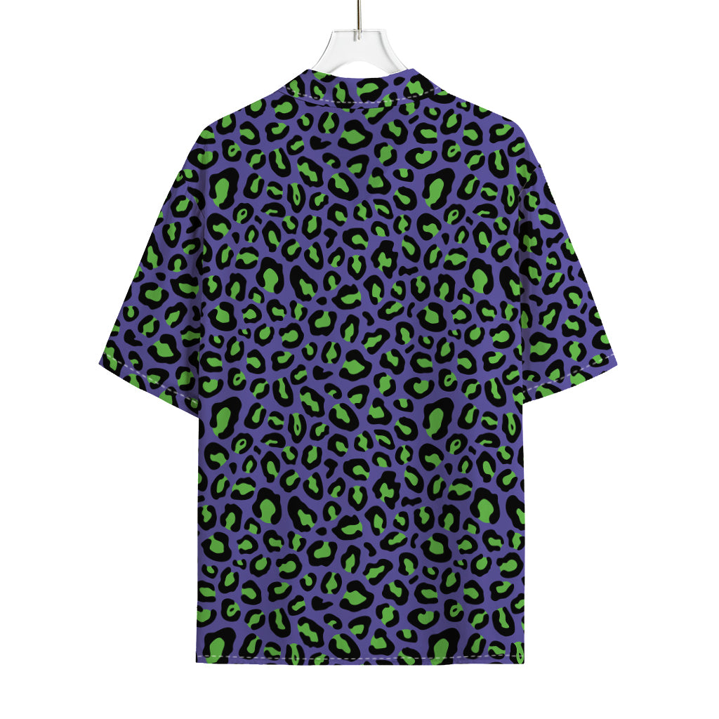Purple And Green Leopard Pattern Print Rayon Hawaiian Shirt