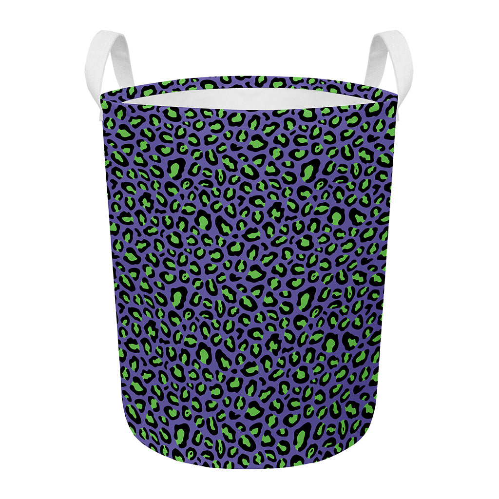 Purple And Green Leopard Pattern Print Round Laundry Basket