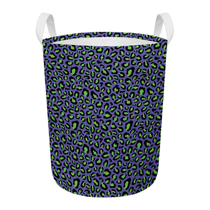 Purple And Green Leopard Pattern Print Round Laundry Basket