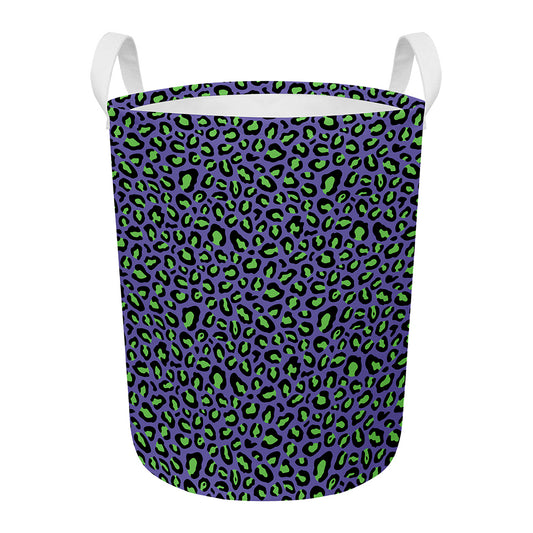 Purple And Green Leopard Pattern Print Round Laundry Basket