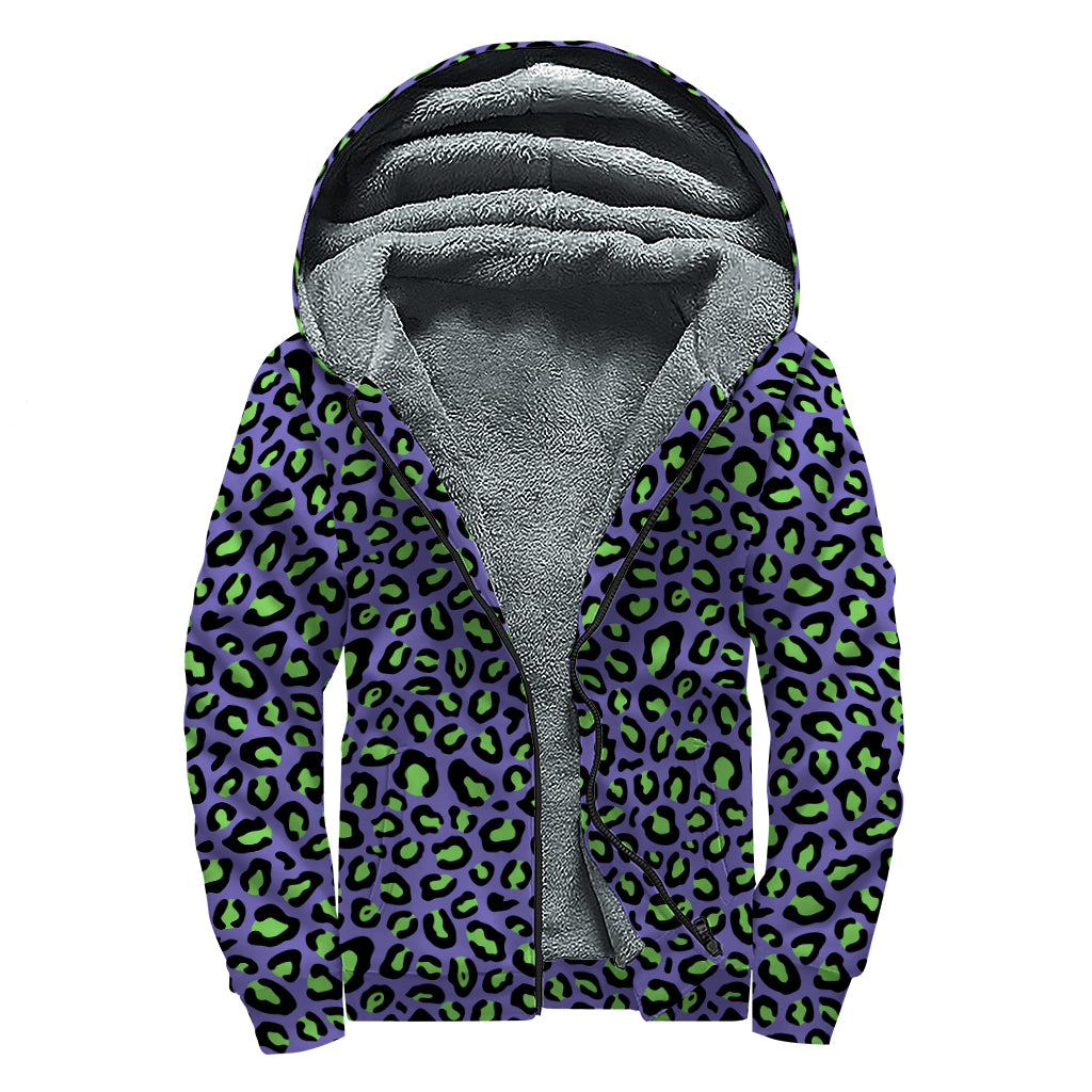 Purple And Green Leopard Pattern Print Sherpa Lined Zip Up Hoodie