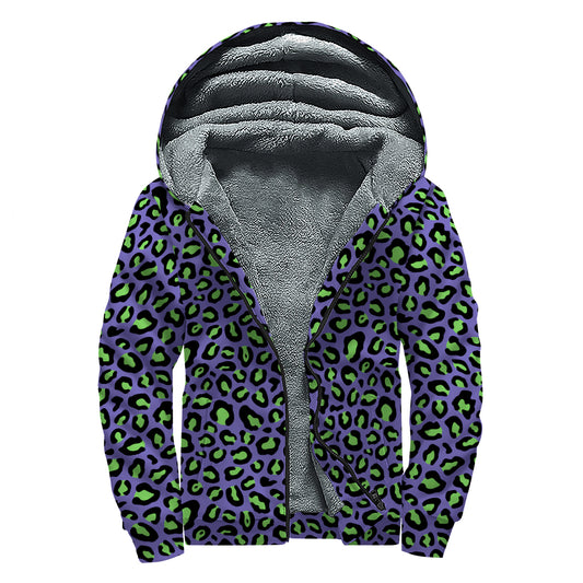 Purple And Green Leopard Pattern Print Sherpa Lined Zip Up Hoodie