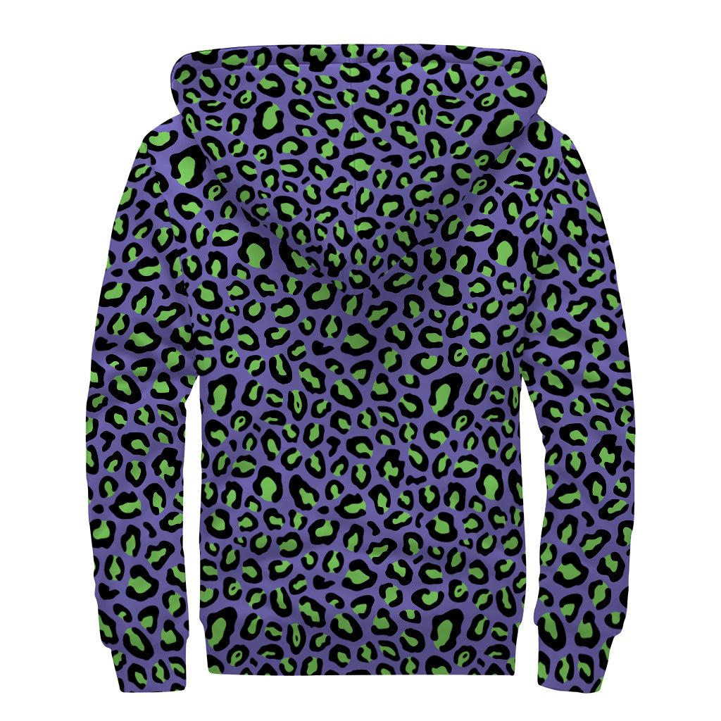 Purple And Green Leopard Pattern Print Sherpa Lined Zip Up Hoodie