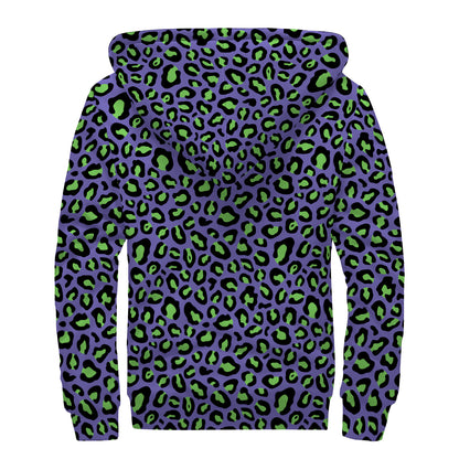 Purple And Green Leopard Pattern Print Sherpa Lined Zip Up Hoodie