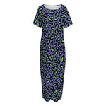 Purple And Green Leopard Pattern Print Short Sleeve Long Nightdress