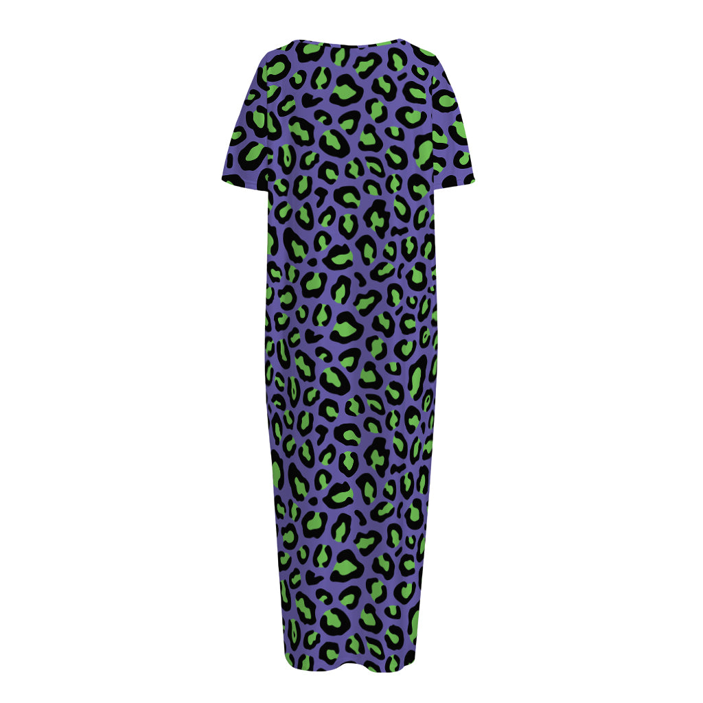 Purple And Green Leopard Pattern Print Short Sleeve Long Nightdress