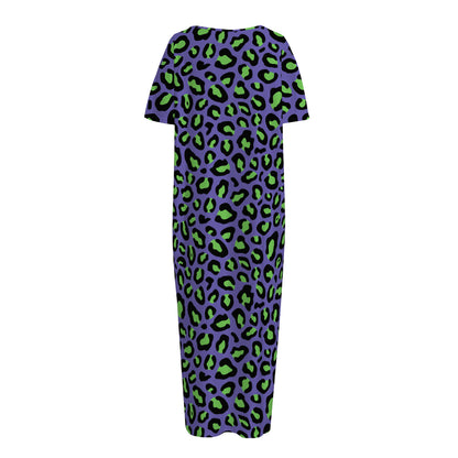 Purple And Green Leopard Pattern Print Short Sleeve Long Nightdress