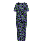 Purple And Green Leopard Pattern Print Short Sleeve Long Nightdress