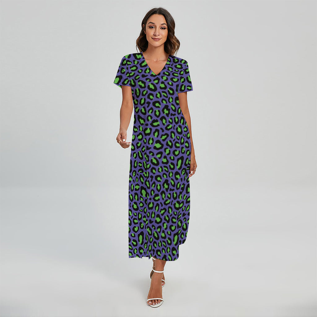 Purple And Green Leopard Pattern Print Short Sleeve Maxi Dress