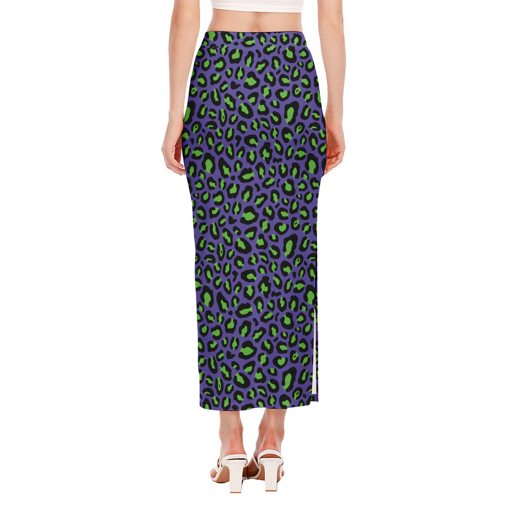 Purple And Green Leopard Pattern Print Side Slit Maxi Skirt