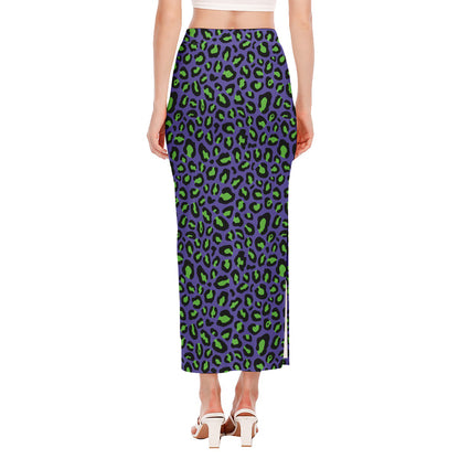 Purple And Green Leopard Pattern Print Side Slit Maxi Skirt